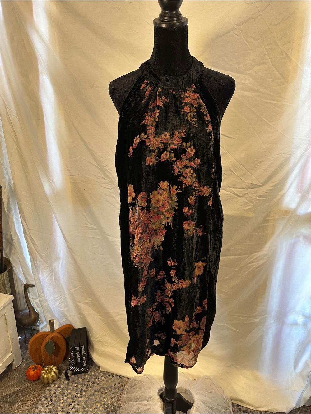 Black Floral Halter Velvet Dress